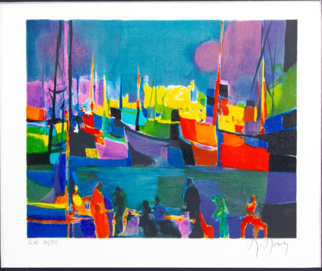 Marcel Mouly Signed Limited Framed Lithograph #2: Marcel Mouly (French 1918-2008) limited edition Artist's Proof litograph "Ships In Front Of Essaouira", signed in bottom right margin and numbered "E.A. 10/50" in bottom left. Black frame and matting,