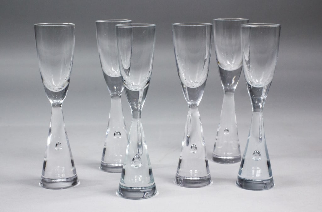 6 Vintage Holmegaard “Princess?? Schnapps Glasses: Set of 6 Vintage Holmegaard “Princess” Schnapps Glasses. Made in Denmark. Each measures 5 7/8" tall and 1.5" in diameter. Excellent condition.