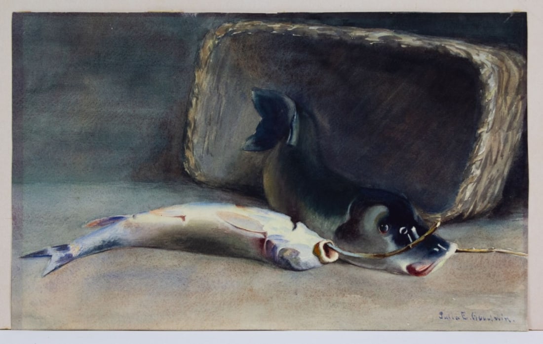 19th C. Still Life Watercolor Fish Basket signed (1 of 5)