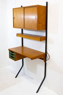 Kai Kristiansen FM Teak Wall Storage & Desk: Kai Kristiansen for Feldballes Møbelfabrik Teak Leaning Wall Storage System with Desk, circa 1960's. Feldballes Møbelfabrik tag on back. Consists of 3 modular teak components and 2 black steel slott