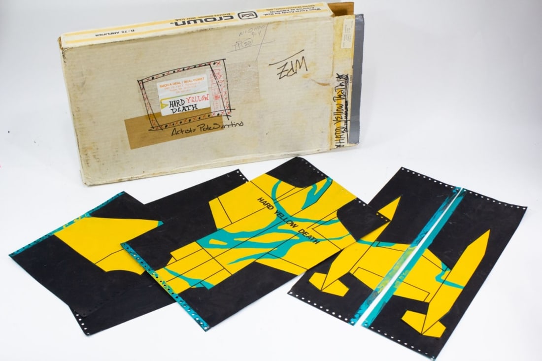 Peter Santino "Hard Yellow Death", 1982: Peter Santino (b.1948 California) "Hard Yellow Death" Mixed Media Artwork, 1982. Enamel on thin aluminum sheets. 4pc Set, not attached. Overall measurements when assembled are 45x22". Shown at Linda F