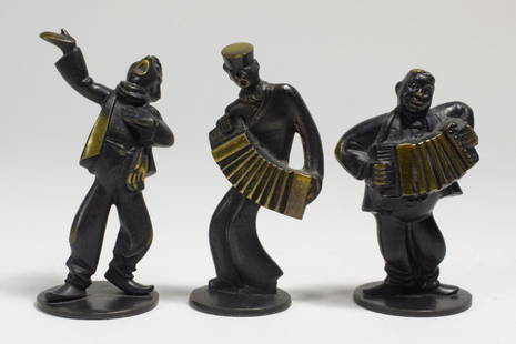 Richard Rohac (1906–1956) Austrian Bronze Figures: Group of 3 bronze musian figures; 2 by Rohac and 1 unmarked. (1) Singing man (2 5/8" H) and man with accordion (2 1/4"H). Marked to bottoms with Rohac's RR touchmark (mirror image capital Rs inside of