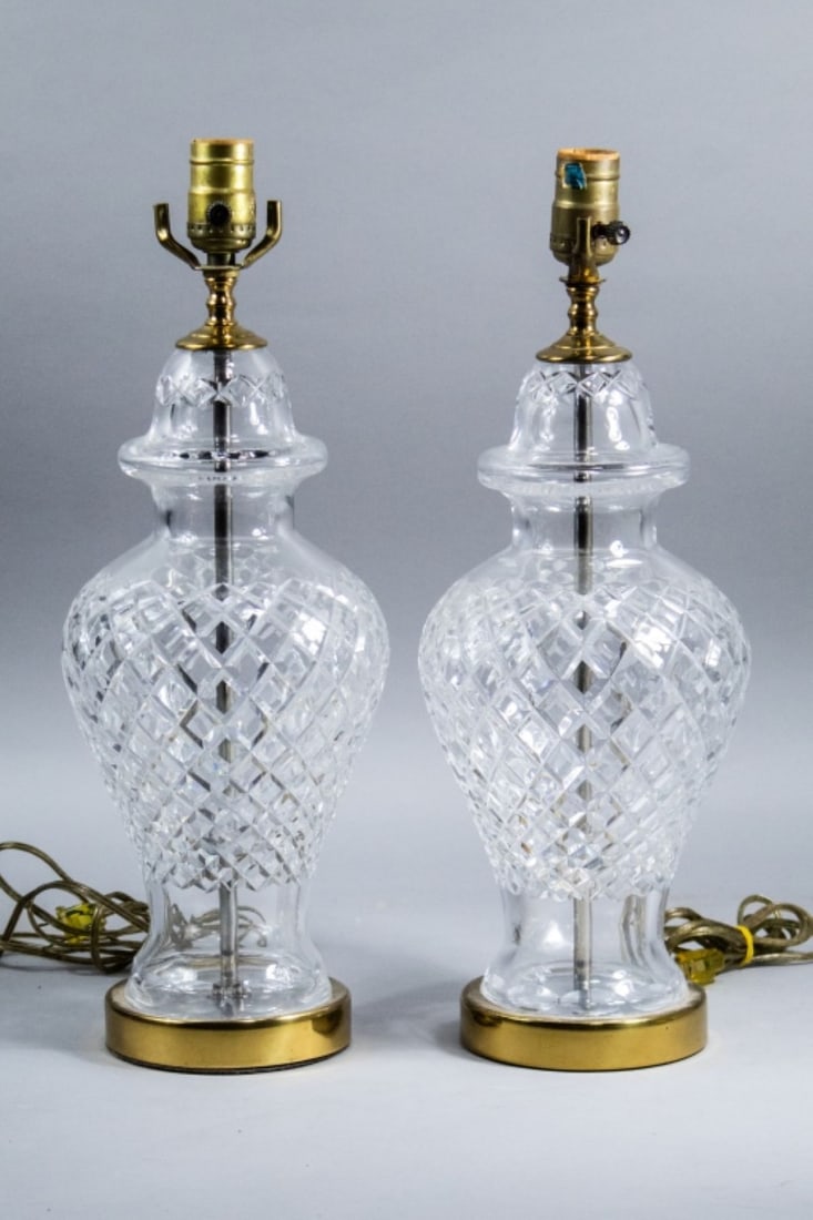 Pair Waterford Crystal ALANA Ginger Jar Lamps: Pair "Alana" pattern ginger jar lamps with acid etched "Waterford" mark to one. Brass bases with some surface age patina. Demensional details differ slightly, not identical. Working; harps not include