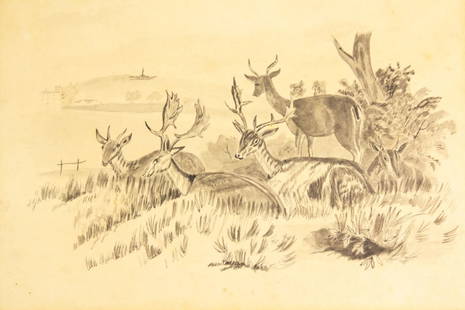 James Ward Att. Pencil Wash Sketch Deer in meadow: James Ward attributed (English 1769 - 1859) original pencil wash sketch of deer in meadow. Unsigned. Toning, 7"x 10.25". From the estate of Robert Goodwin, Colgate University Professor, longtime colle