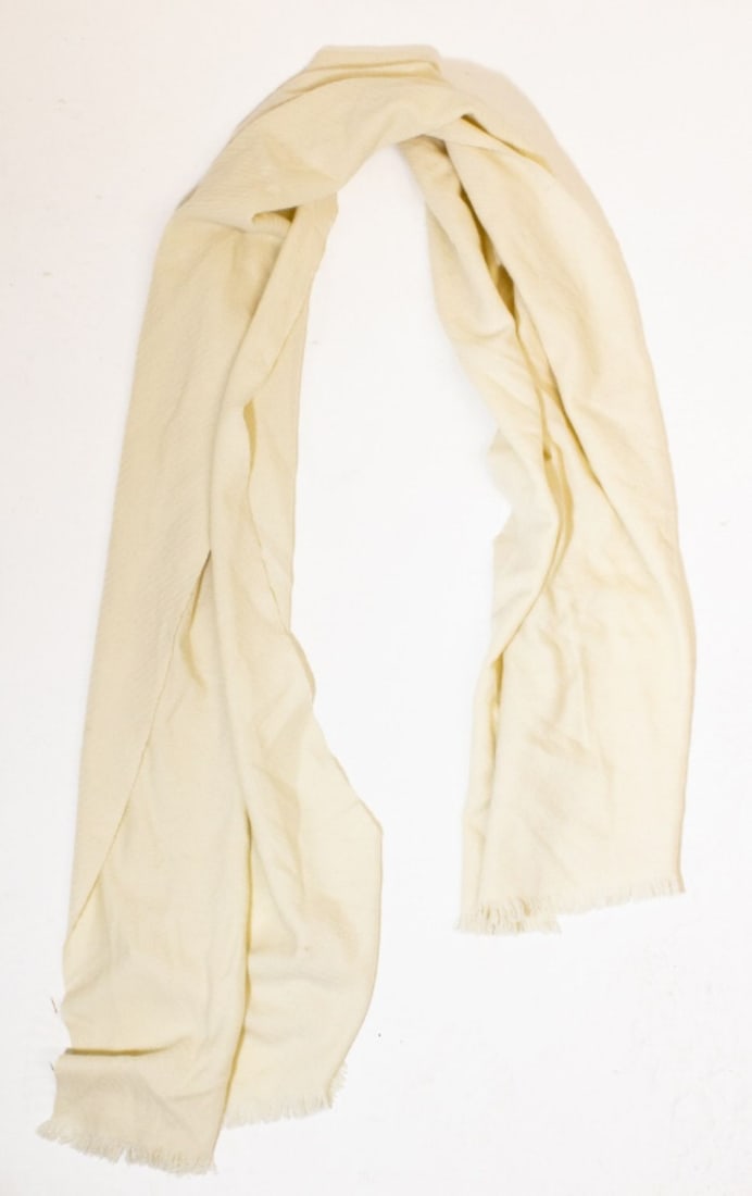Barneys New York Vintage Cashmere Scarf: 100% luxe cashmere, 80"L x 25", with short fringe at either end. Winter white color. Condition good.
