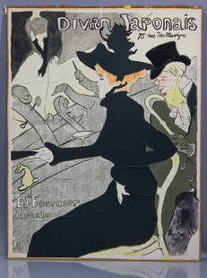 Toulouse-Lautrec "Divan Japonais" Lithograph, 1893: Henri De Toulouse-Lautrec (1864-1901 France) "Divan Japonais" Lithograph, 1893. Published by Edward Ancourt, Paris. Affixed to cardboard backing. Measures 31.75 x 24.5" (81 x 62cm). Puckering in sever