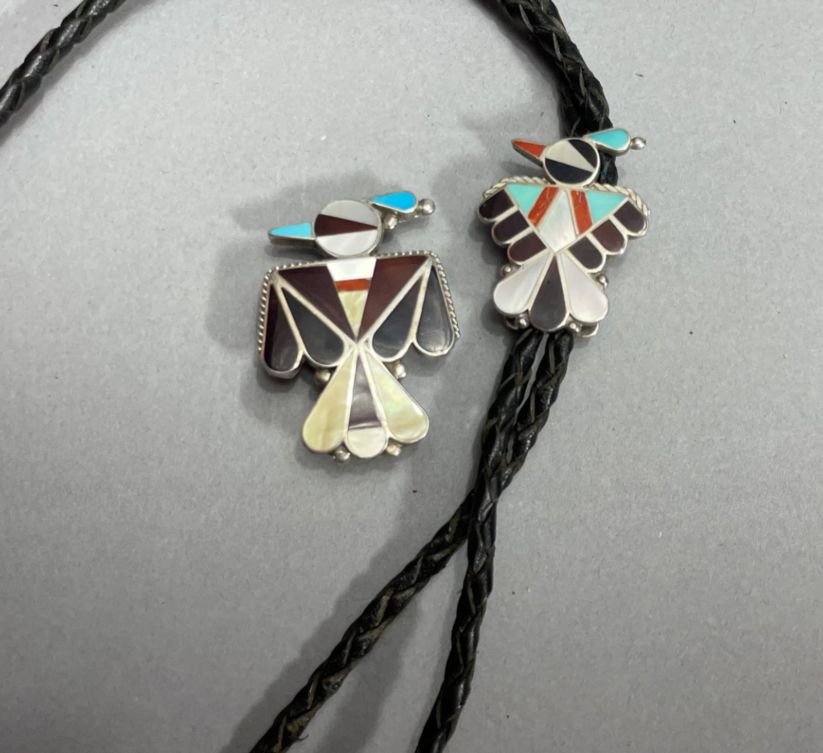 Vintage Zuni Inlay Sterling Thunderbird Bolo Ties (1 of 4)