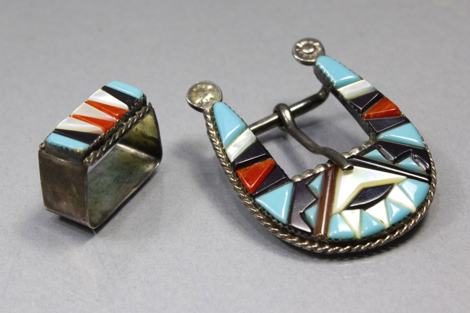 Vintage Zuni Inlaid Silver Belt Buckle Set (1 of 5)
