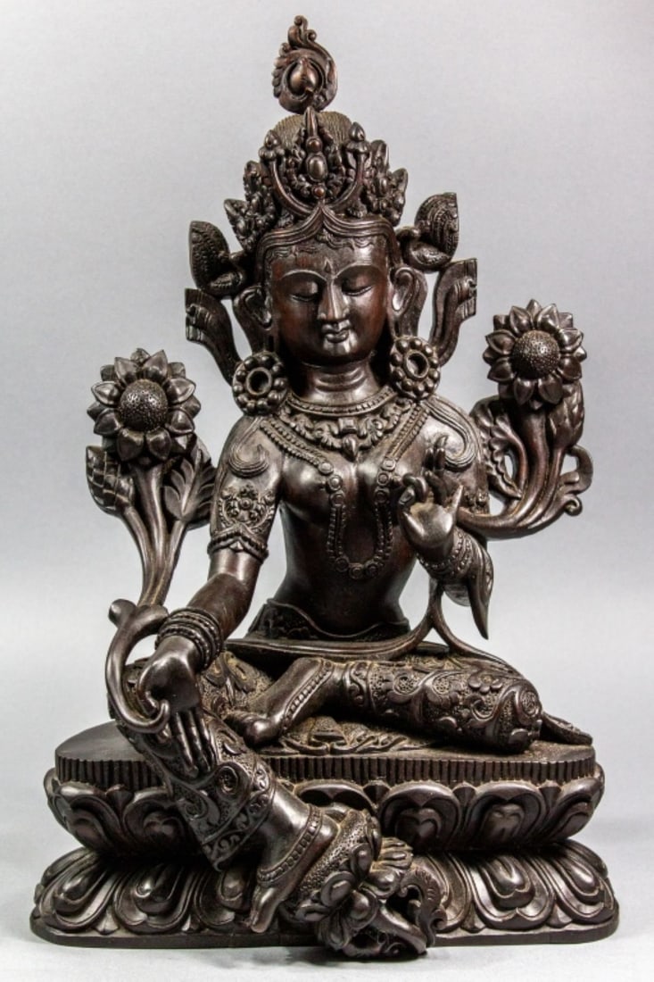 Large Carved Wood Green Tara Statue 17.75" (1 of 8)