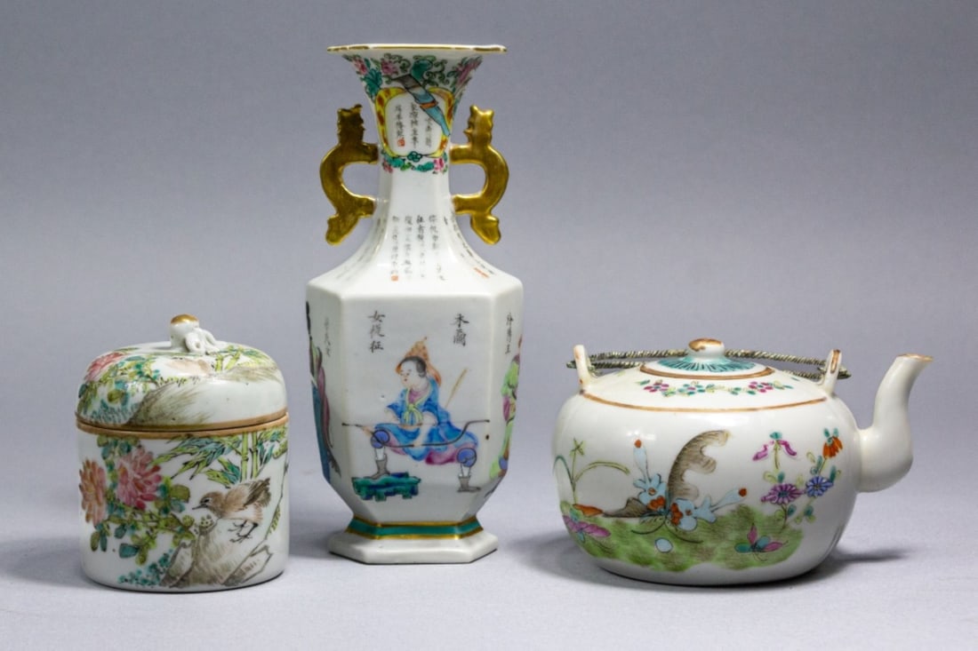 Chinese Famille Rose Wine Warmer / Teapot / Vase: Three pieces of antique Chinese export hand decorated famille rose porcelain. (1) Wine warmer jar with peach form finial to lid. Red character seal mark to bottom. Good condition. 3 1/2" H x 2 7/8" di