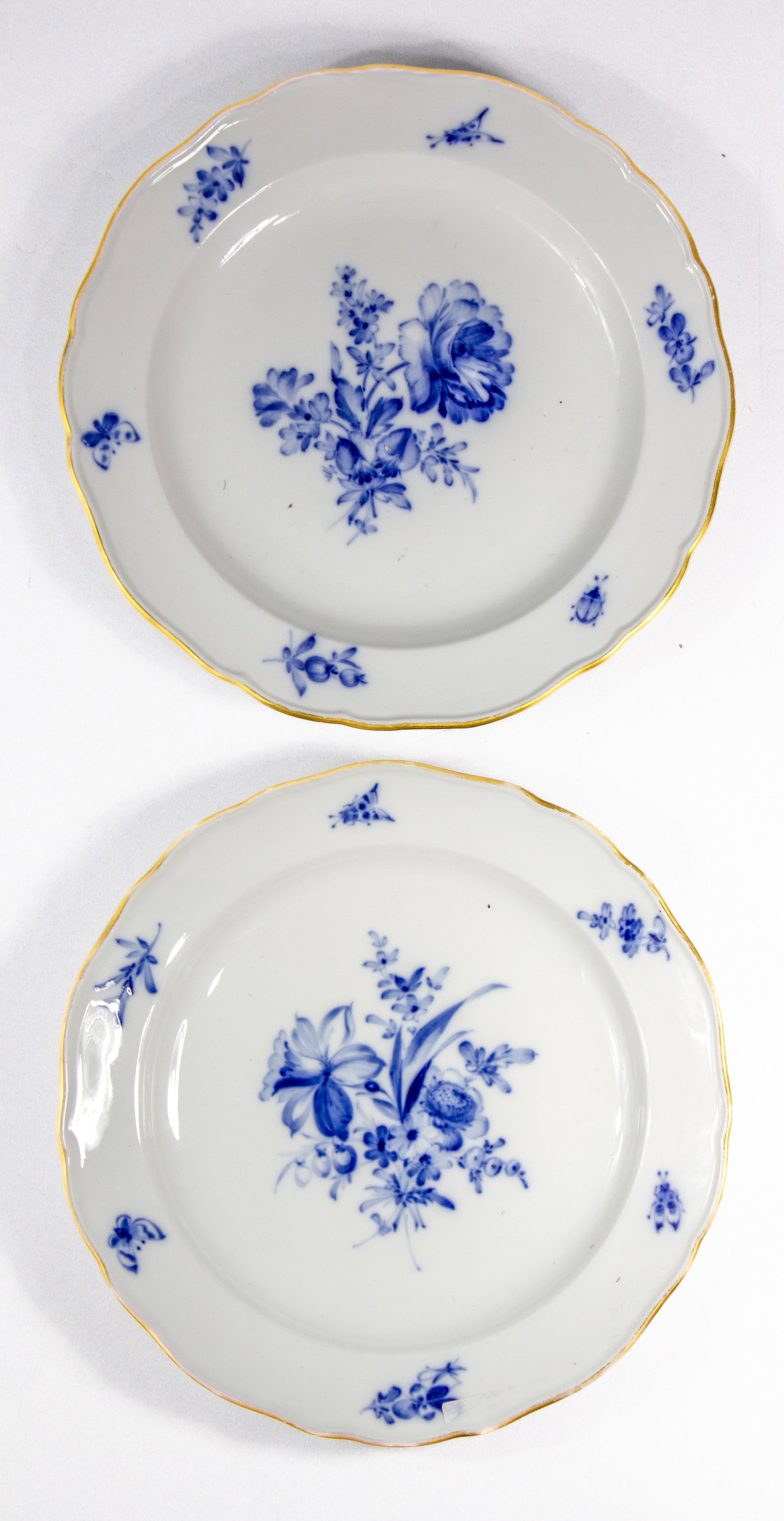2 Meissen Blue Spring Flower Insect Plates 8.25": 2 Meissen underglaze blue spring flower and insect plates . Each plate with different floral sprays and various insects including including butterflies , wasps beetles etc. Base marked with crossed sw