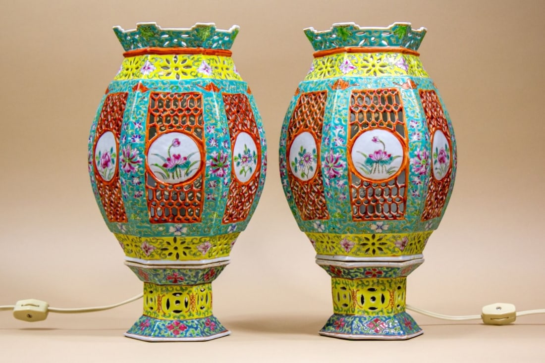 Pair Chinese Famille Rose Reticulated Lanterns (1 of 10)
