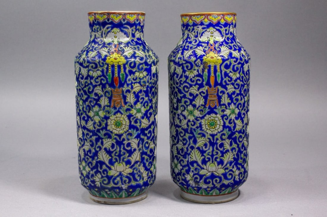 Pair Antique Chinese Cobalt Blue Ground Vases (1 of 9)