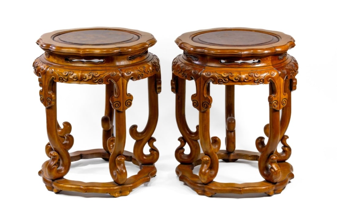 Pair Chinese Teak Wood Carved Pedestal Stands (1 of 11)