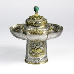 Antique Tibetan Chased Gilded Silver Lidded Cup