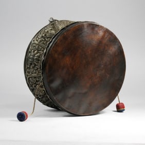 Antique Tibetan Silver Metal Demaru Ritual Drum