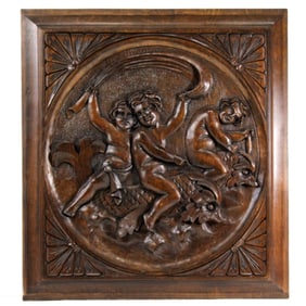 Antique French Carved Walnut Wood Panel Cherubim