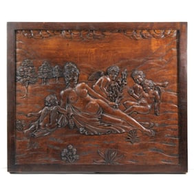 Antique French Carved Oak Wood Panel Nude & Cherub