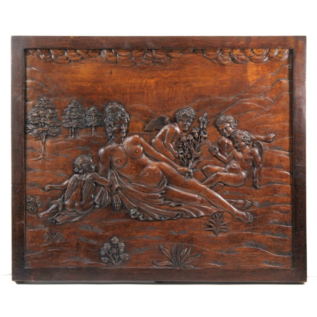 Antique French Carved Oak Wood Panel Nude & Cherub: Antique French carved oak wood panel. Scene of nude with cherubim/putti in landscape. Deeply hand-carved in relief. Ca. 19th century. In good condition. Metal hanger attached to back. Measures 22.5" H