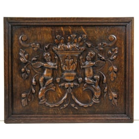Antique French Cherub Carved Oak Wood Panel