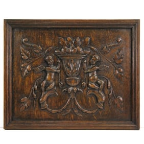 Antique French Cherub Carved Oak Wood Panel