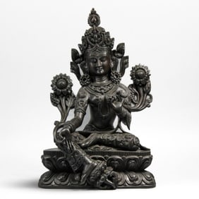 Large Nepalese Carved Wood Green Tara Statue 17.75