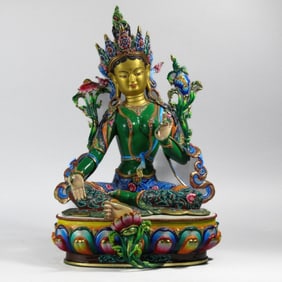 Large Nepalese Painted Bronze Green Tara Statue