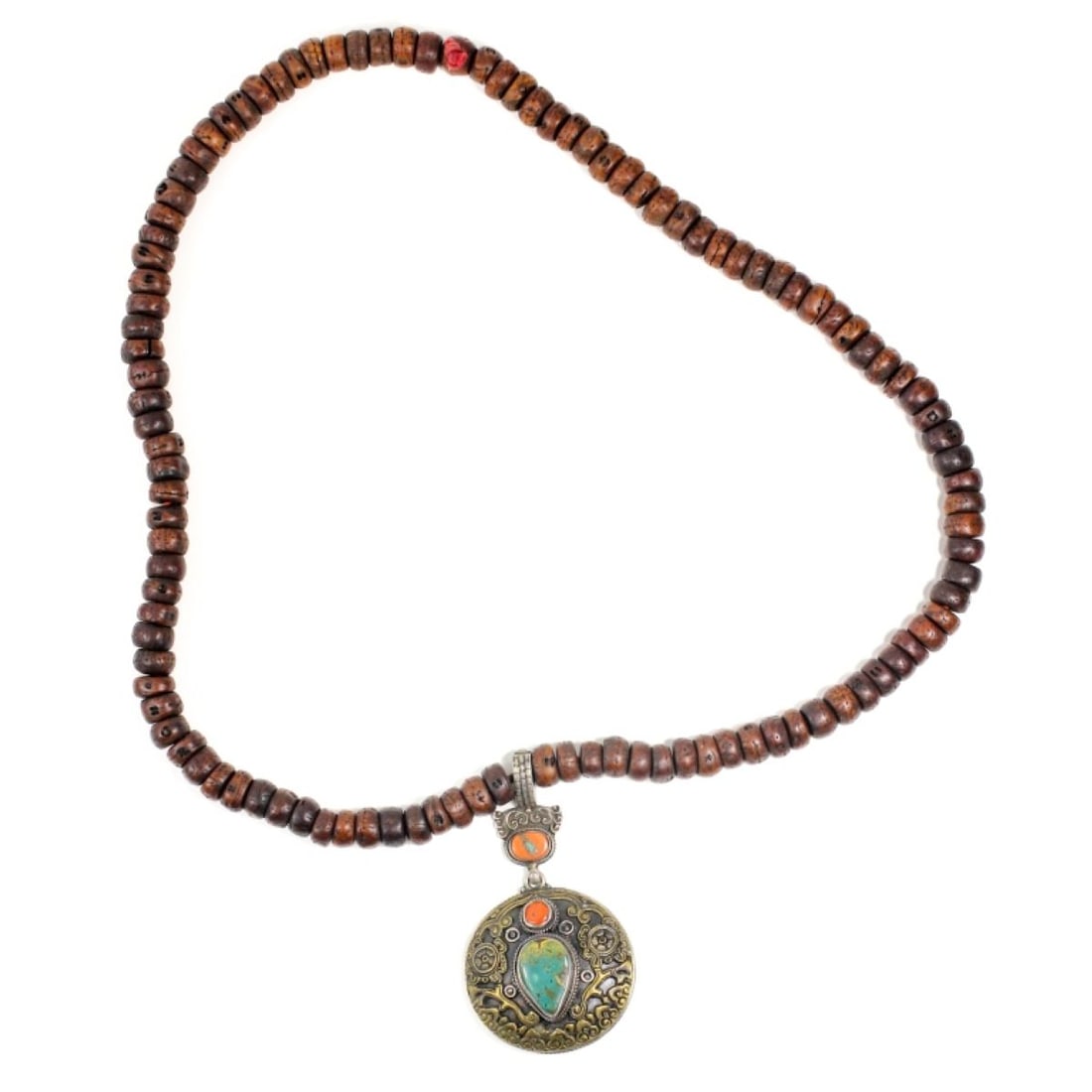 Tibetan Wood Beaded Necklace & Metal Pendant (1 of 5)