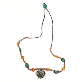 Tibetan 925 Silver Marked Amber & Coral Necklace
