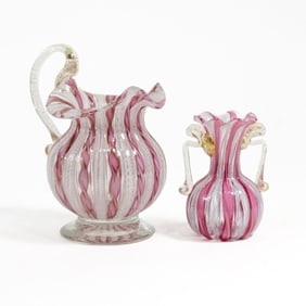 Murano Latticino Ribbon Glass Pitcher & Bottle