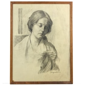 Woman Knitting Charcoal signed Shigemori