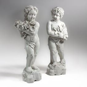 Pair Large Italian Cast Porcelain Children Statues