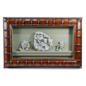 Chinese Framed Jade/Hardstone Fish Sculptures