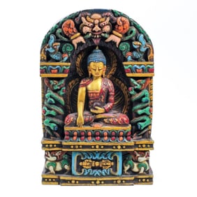 Tibetan Carved & Painted Wood Buddha Shrine