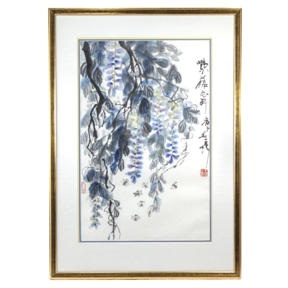 Chinese Modern Watercolor Painting Wisteria & Bees: Chinese modern watercolor painting. With wisteria and bees painted with ink and colors on paper. By artist Wang Wei, born in 1942 in Chongqing, China. Framed by Poster/Gango galleries, Portland Or. Si