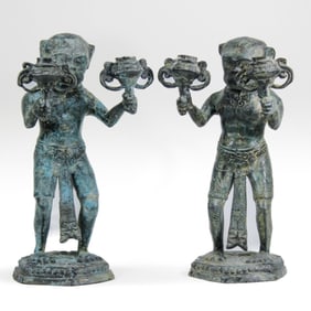 Pair Patinated Brass Monkey Candleholder Statues