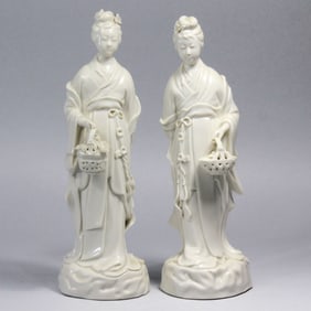 Pair Chinese White Dehua Porcelain Figure Statues