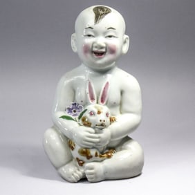 Chinese Porcelain Figure Boy With Rabbit
