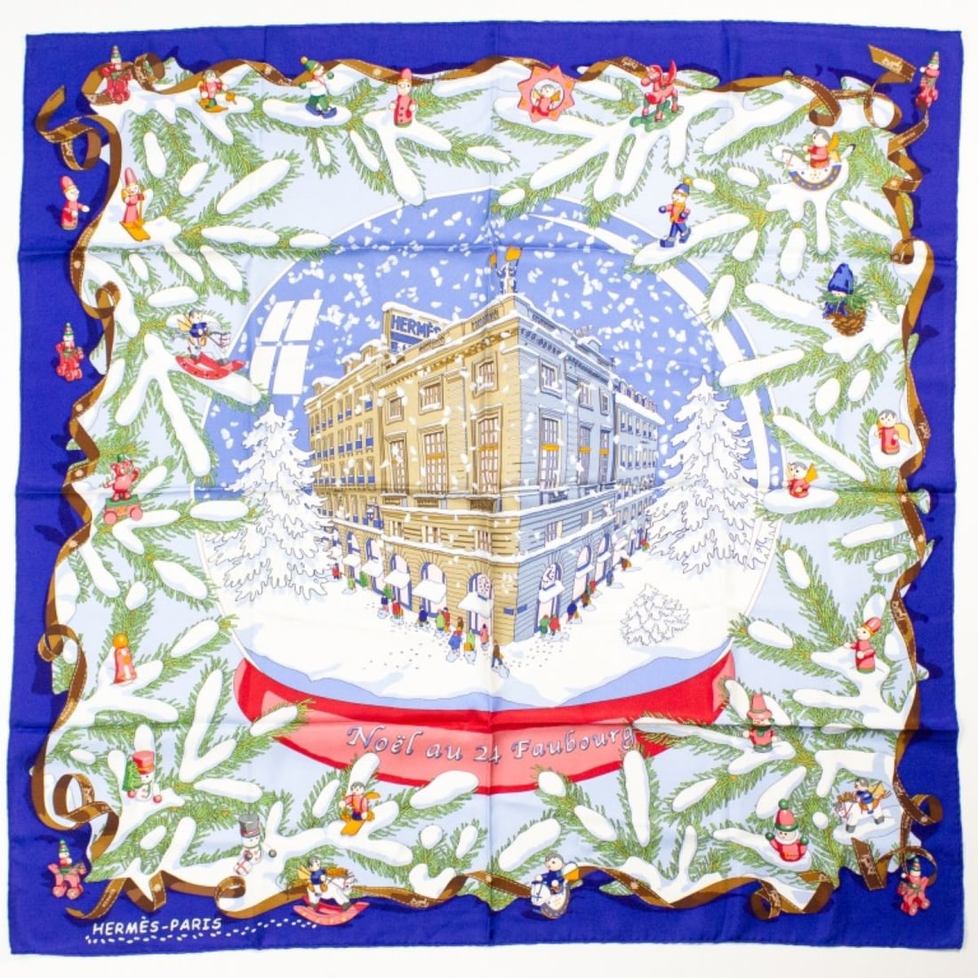 Hermes NOEL AU 24 FAUBOURG GRAIL Silk Scarf: Hermes "Noel Au 24 Faubourg Grail" silk scarf designed by Dimitri Rybaltchenko. Blue border color with hand rolled and stitched edges. Original MADE IN FRANCE label. Two very tiny pin holes near lower