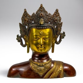 Large Chinese Cast Bronze Buddha Head Bust