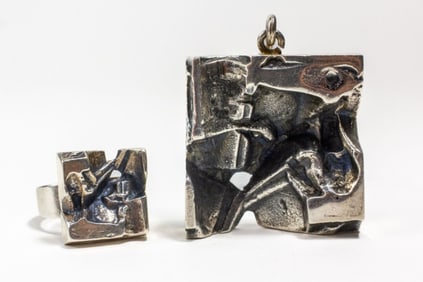 Jorma Laine Finland Brutalist Pendant & Ring 1970
