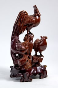 Chinese Red Jasper Carved Rooster Hen Statue 8"