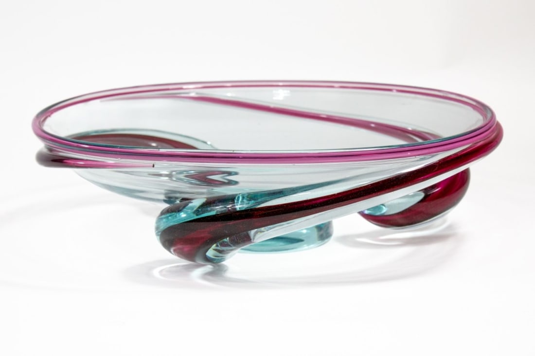 Large Murano Style Art Glass Centerpiece Bowl: Hand blown glass footed centerpiece with 3 applied thick swirls. No apparent signature or mark. Good condition. From the estate of Gary Dethlefs, Seattle restaurant interior designer / owner (icon Gri
