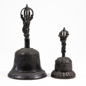 Two Antique Tibetan Bronze Temple Ritual Bells