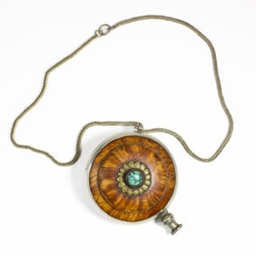 Antique Tibetan Silver Metal & Burlwood Flask