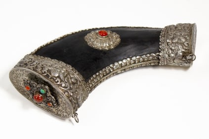 Antique Bhutan / Tibetan Horn & Silver Flask