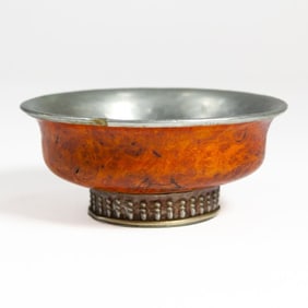 Antique Tibetan Burlwood & Silver Tea Bowl