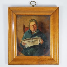 19th C Naive Oil Painting / Man Reading Newspaper