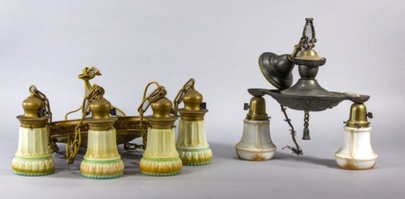 Two Vintage Arts & Crafts Period Brass Chandeliers