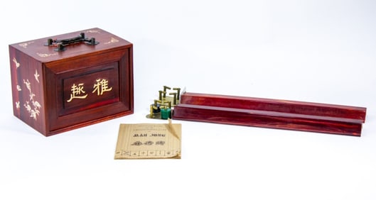 Chinese Rosewood Mahjong Set Inlaid Bone Design